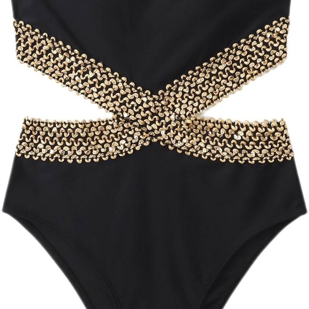 Strapless Black One-Piece Swimsuit with Gold Chain Accents - Picture 3 of 6